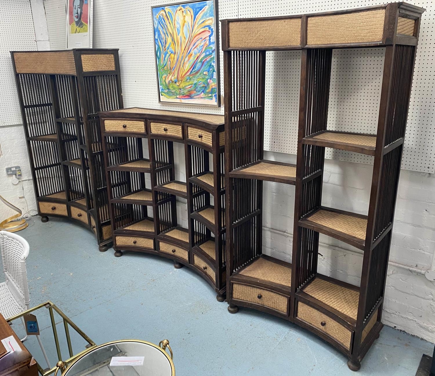 CONCAVE OPEN DISPLAY SHELVES, a set of three, South East Asian rattan and hardwood, largest 129cm - Image 2 of 12