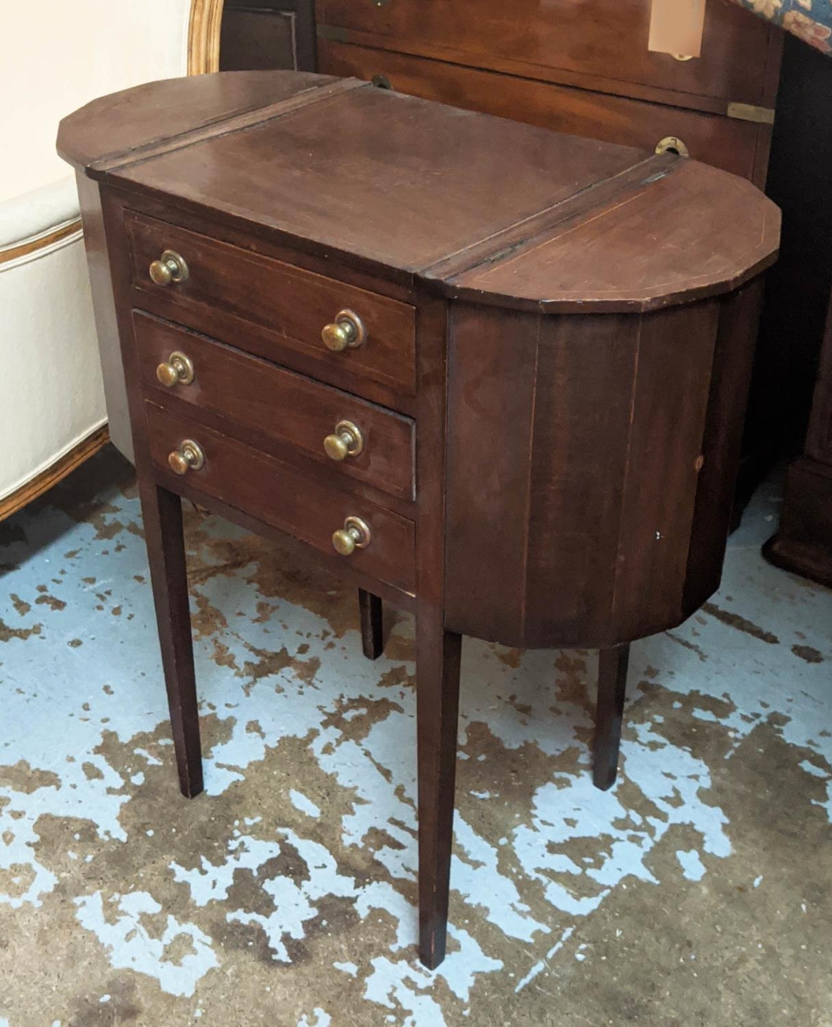 SIDE CHEST, 70cm x 35cm x 76cm H, Edwardian mahogany and line inlaid with three drawers and side