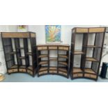 CONCAVE OPEN DISPLAY SHELVES, a set of three, South East Asian rattan and hardwood, largest 129cm