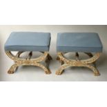 FOOTSTOOLS, a pair, French style pico blue with parcel gilt X stretchered supports, 56cm x 42cm x