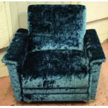 ARMCHAIR, 70cm H x 78cm W x 75cm D, Danish design cobalt blue crushed velvet upholstered on castors.