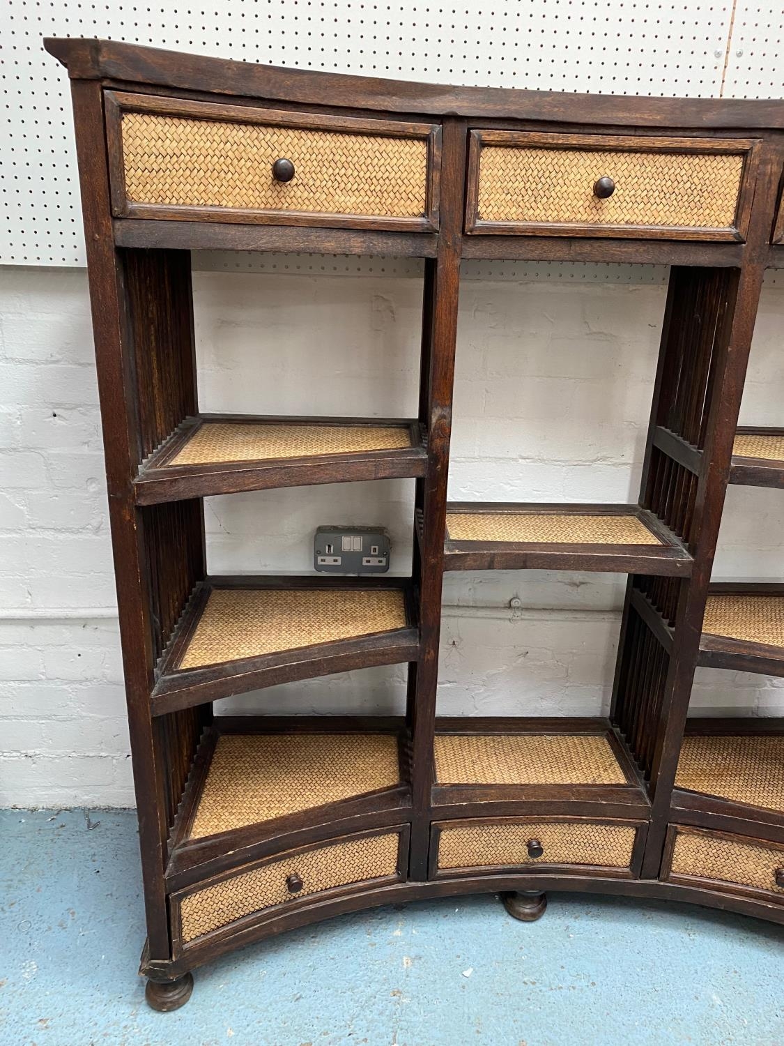 CONCAVE OPEN DISPLAY SHELVES, a set of three, South East Asian rattan and hardwood, largest 129cm - Image 12 of 12