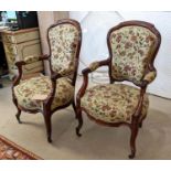 FAUTEUILS, a pair, 100cm H x 59cm W, Napoleon III mahogany, circa 1870, on floral fabric, with