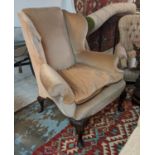 WINGBACK ARMCHAIR, 101cm x 105cm H, late 19th century walnut in pale velvet, with carved supports