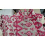 CURTAINS, two, one 73cm gathered the other 47cm W gathered both 276cm drop in a pink geometric