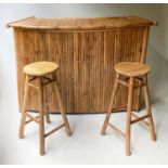 BAMBOO TIKI BAR AND STOOLS, curved split cane enclosing shelves 163cm x 113cm H x 56cm together with