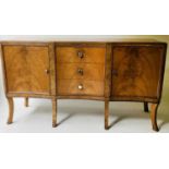 ART DECO SIDEBOARD, figured walnut with three drawers flanked by cupboards and swept supports, 167cm