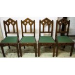 WARING GOTHIC REVIVAL CHAIRS, a set of four, late Victorian oak with padded green upholstery (4) (