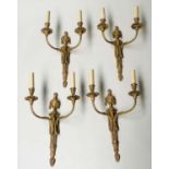 WALL LIGHTS, 47cm H x 26cm, a set of four, mid 20th century gilt metal each two branch in Louis