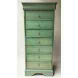 TALL CHEST BY GRANGE, green painted with eight drawers, 138cm x 50cm x 61cm.