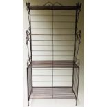 BAKERS RACK, vintage French wrought iron four slatted shelves with scroll supports, 205cm H x 98cm x