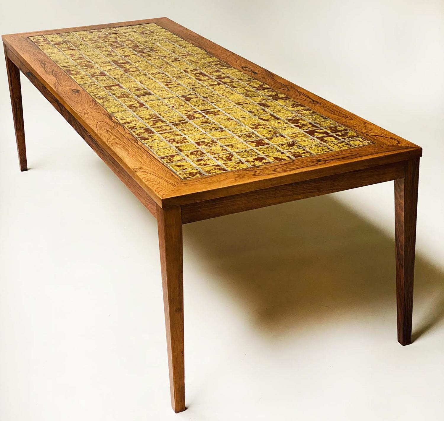 LOW TABLE, vintage exotic wood veneered and tiled, 168cm x 62cm x 51cm H. - Image 7 of 8