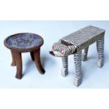 TIGER STOOL, painted wooden with flat back together with a circular African tribal tray, stool