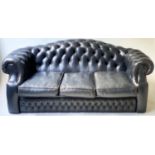 SOFA, 190cm W, Victorian style, dark blue buttoned leather upholstery with rounded back and arms.