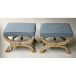 FOOTSTOOLS, a pair, 56cm x 42cm x 46cm H, French style pico blue with parcel gilt X stretchered