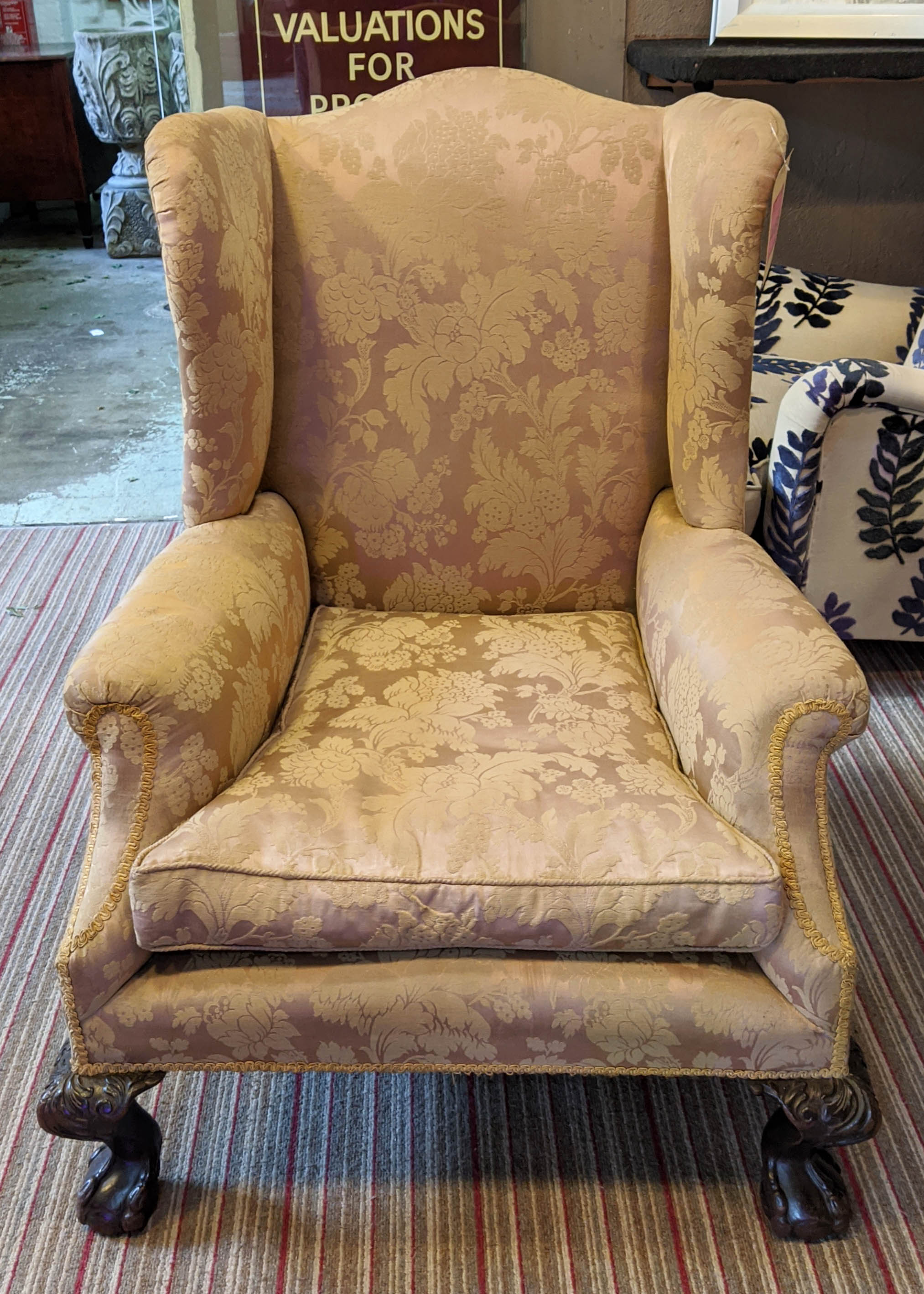 WINGBACK CHAIR, 76cm W x 104cm H, damask upholstery, with claw and ball carved supports. - Image 3 of 12