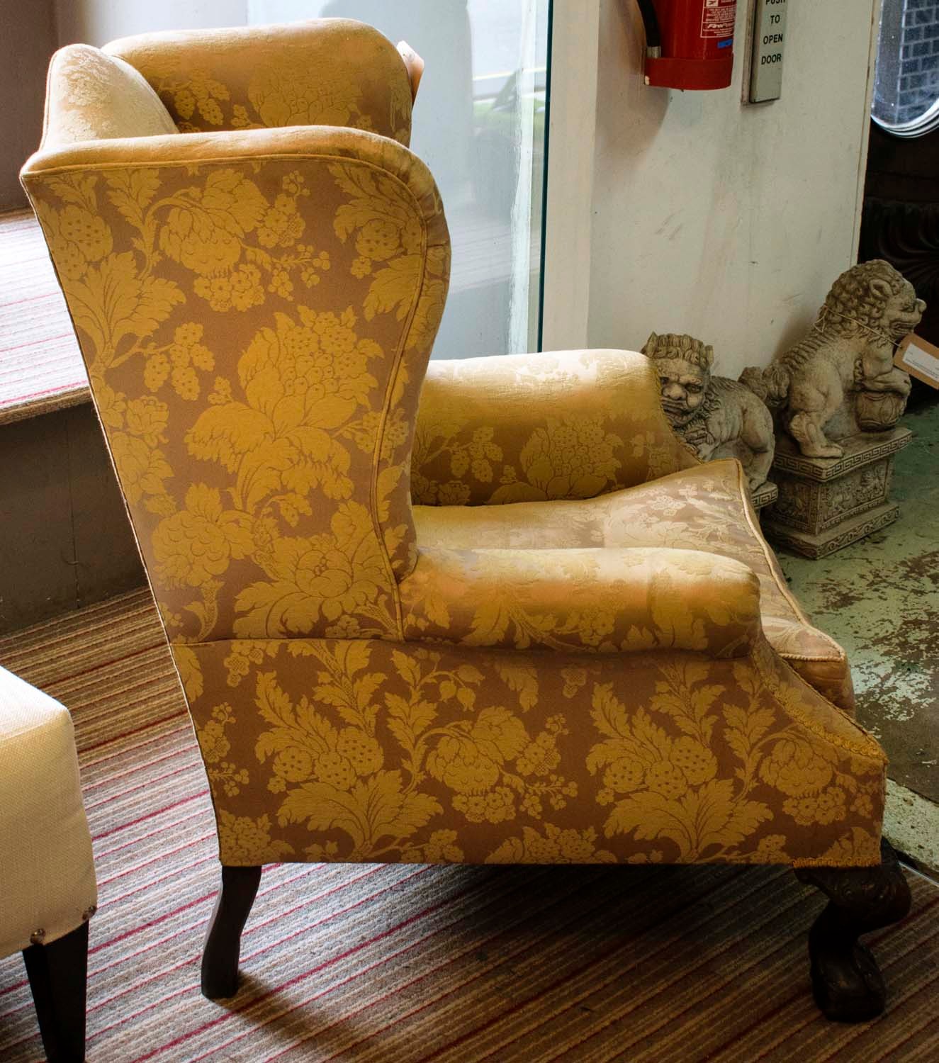 WINGBACK CHAIR, 76cm W x 104cm H, damask upholstery, with claw and ball carved supports. - Image 8 of 12