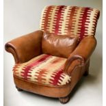 KELIM STYLE ARMCHAIR, with stitched tan leather rounded and scroll arms, 100cm W.