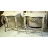 CONSOLE TABLES, a pair, French style grey painted, the shaped tops above carved cabriole supports,