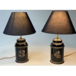 TEA CANNISTER LAMPS, a pair, painted toleware early 20th century adapted with shades, 48cm H. (2)