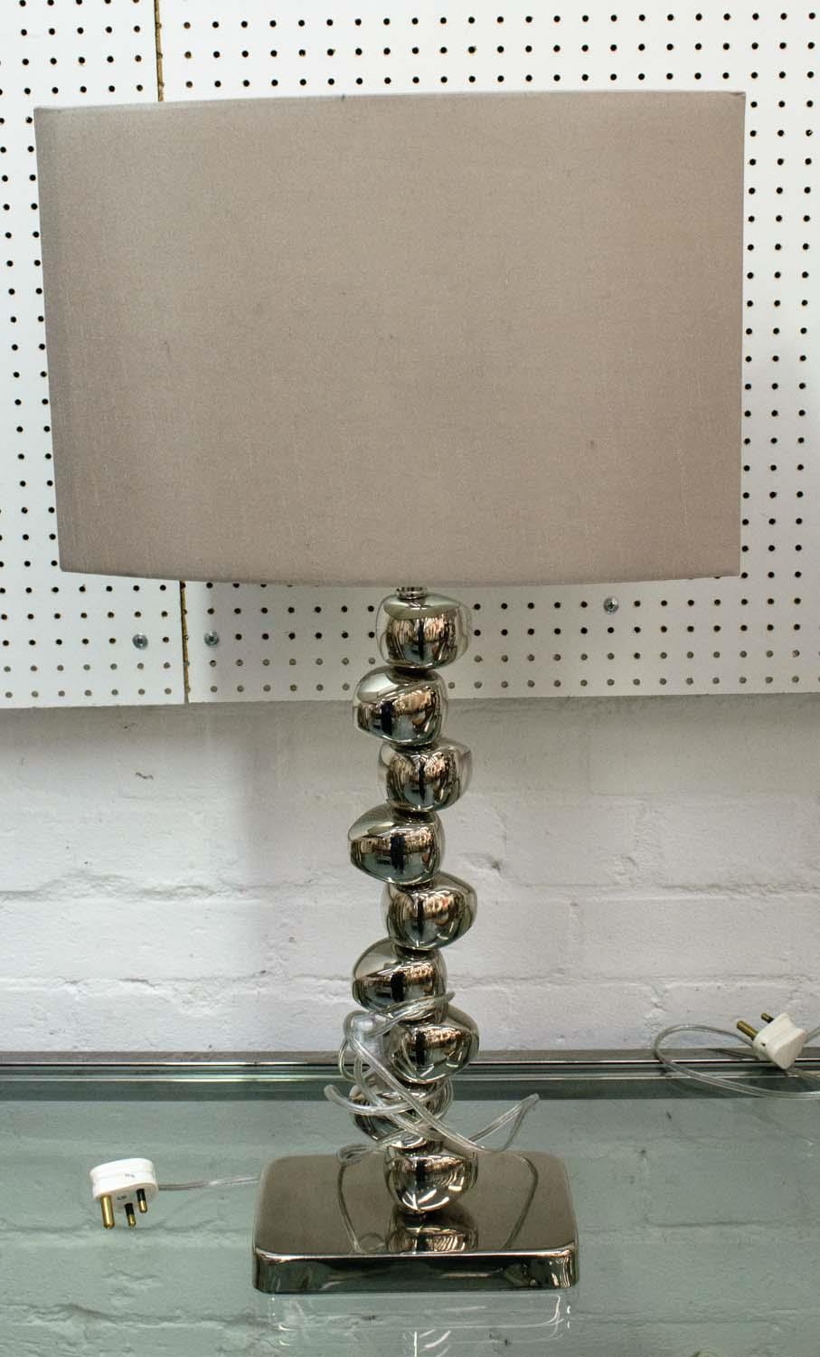 TABLE LAMPS, a pair, 70cm H including shades polished metal pebble design. (2) - Image 2 of 6