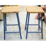 BAR STOOLS, a set of two, 66cm H, vintage style, machinists design, blue metal supports. (2)