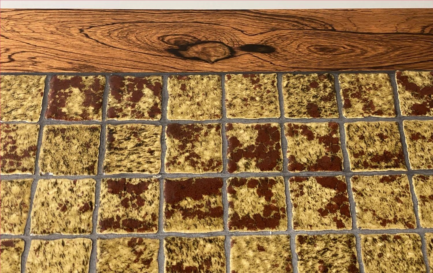 LOW TABLE, vintage exotic wood veneered and tiled, 168cm x 62cm x 51cm H. - Image 4 of 8