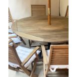 GARDEN TABLE AND CHAIRS, a set, weathered teak slatted, with circular folding table, 150cm x 75cm H,