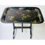 TRAY ON STAND, antique round rectangular toleware lipped with exotic bird painting on folding stand,