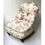 SLIPPER CHAIR, Victorian Colefax & Fowler floral chintz upholstery and turned supports, 58cm W. (