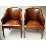 LIBRARY/DESK ARMCHAIRS, a pair, early 20th century arched back with studded leaf brown leather