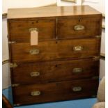 CAMPAIGN CHEST, 95cm H x 92cm x 46cm, 19th century colonial teak and brass bound in two parts with