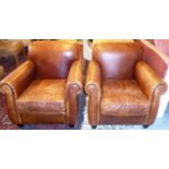 CLUB ARMCHAIRS, a pair, 96cm W x 83cm H Art Deco style, distressed brown leather. (2)