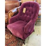 BEDROOM CHAIR, 64cm x 83cm H in button back purple velvet upholstery.