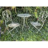 TERRACE SET INCLUDING TWO CHAIRS, 90cm x 40cm x 45cm and table 75cm x 58cm diam, Regency style. (3)