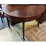 DEMI-LUNE CONSOLE TABLE, 112cm W x 74cm H x 60cm D George III mahogany on castors.