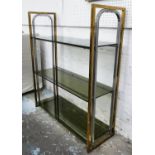 ETAGERE, 88cm x 31cm x 103cm, 1970's brass and chrome, glass shelves.