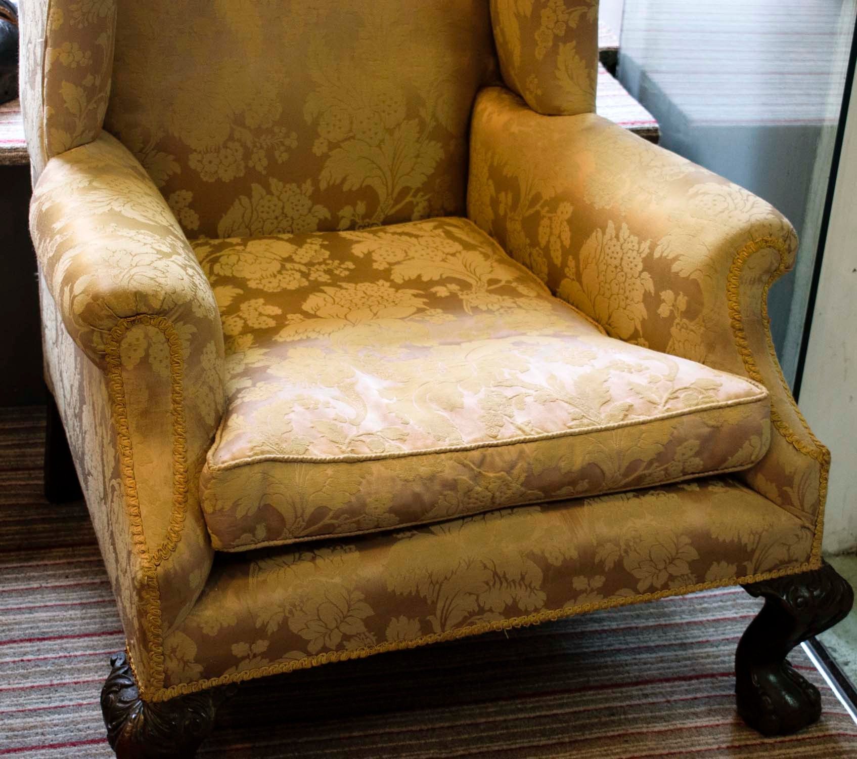 WINGBACK CHAIR, 76cm W x 104cm H, damask upholstery, with claw and ball carved supports. - Image 6 of 12