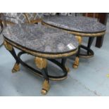 LOW TABLES, a pair, 90cm x 45cm x 48cm H, black and gilt base with oval granite tops. (2)