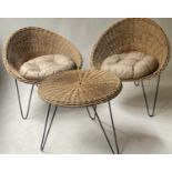 BASKET ARMCHAIRS, a pair, woven cane basket form on iron frames together with a matching circular
