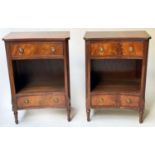 BEDSIDE/LAMP TABLES, a pair, George III design flame mahogany of concave outline each with two