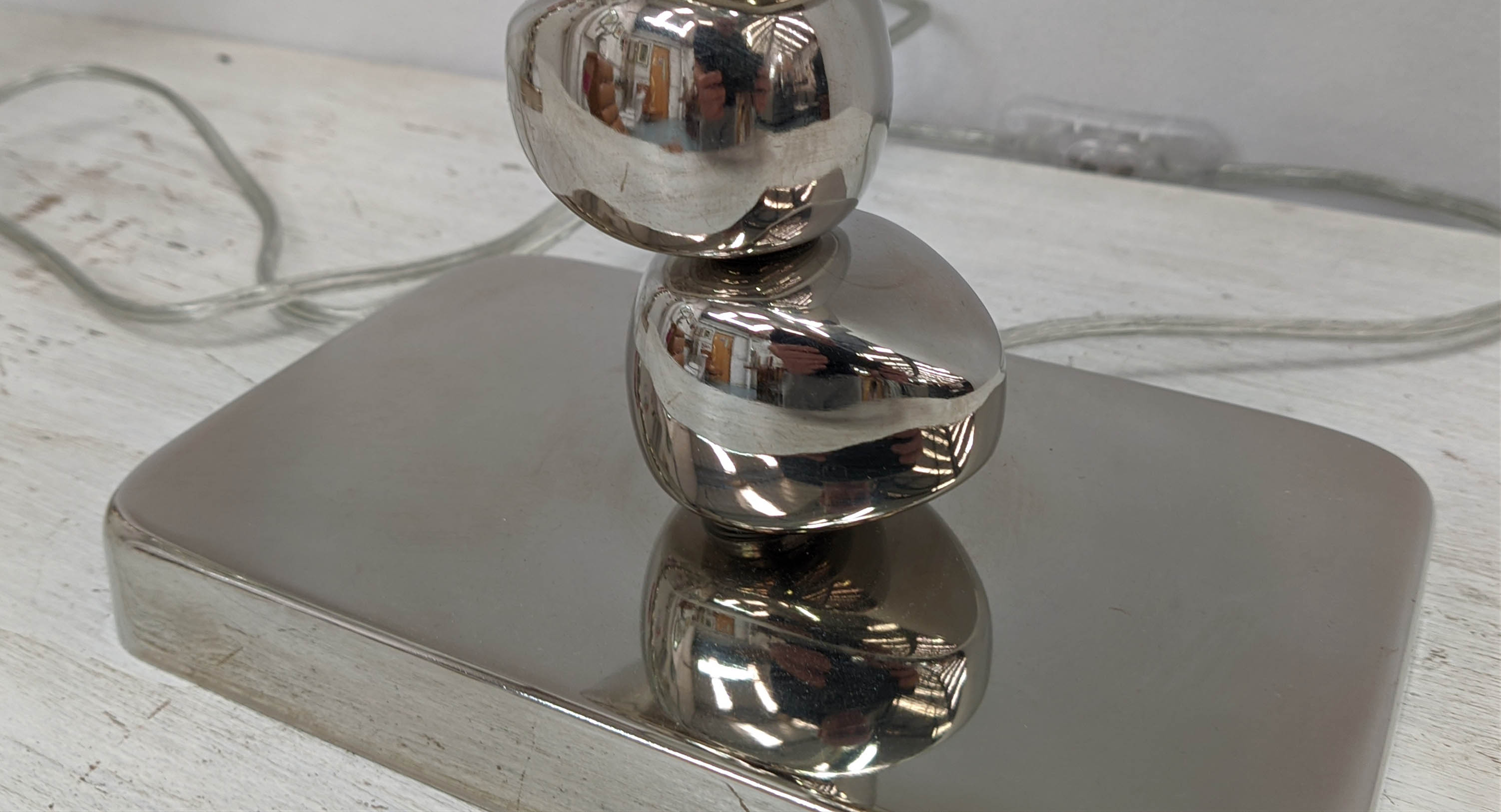 TABLE LAMPS, a pair, 70cm H including shades polished metal pebble design. (2) - Image 5 of 6