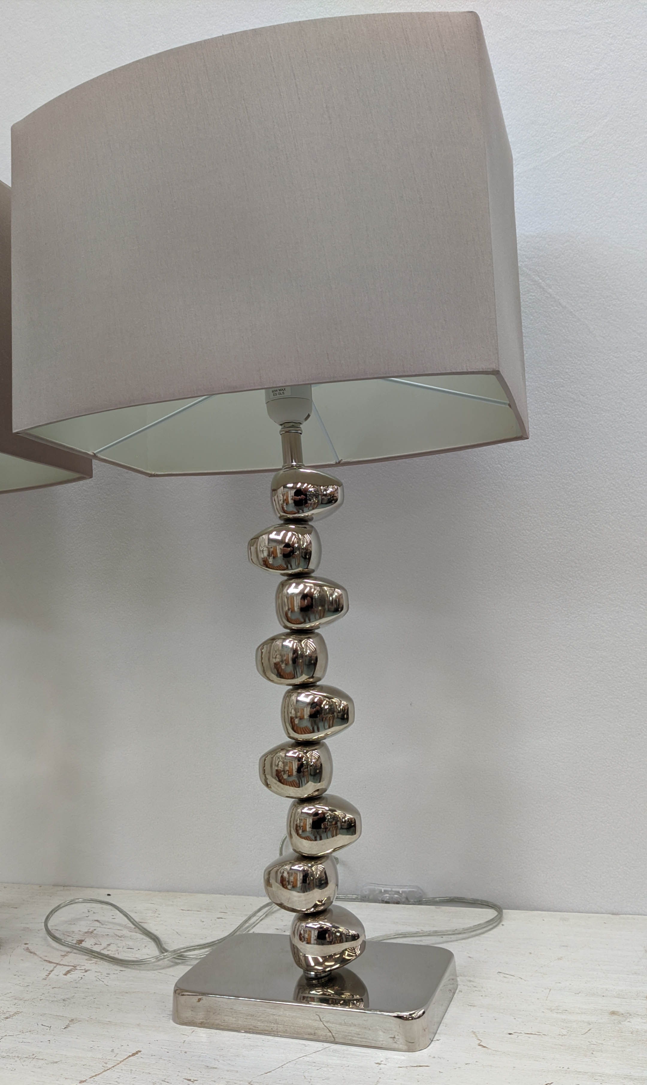 TABLE LAMPS, a pair, 70cm H including shades polished metal pebble design. (2) - Image 3 of 6