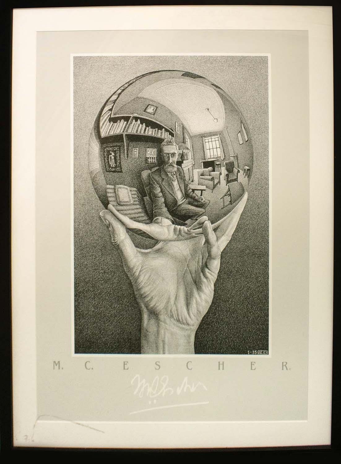 AFTER MAURITS CORNELIS ESCHER 'Hand with Sphere', black and white print, 70cm x 50cm, framed.