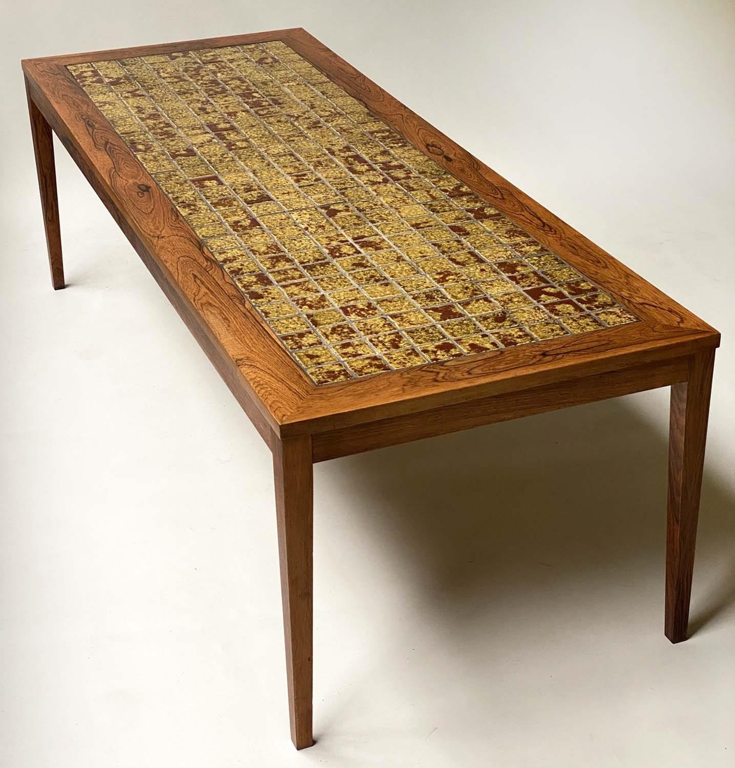 LOW TABLE, vintage exotic wood veneered and tiled, 168cm x 62cm x 51cm H. - Image 2 of 8