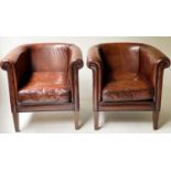 TUB ARMCHAIRS, a pair, leaf brown hand finished leather with rounded backs and arms, 78cm W. (2)