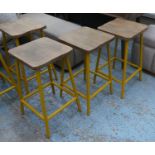 BAR STOOLS, a set of three, 66cm H, vintage style, machinists inspired design, yellow metal