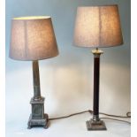 DESK/TABLE LAMPS, two, 78cm H and 83cm H, silvered reeded column, with acanthus leaf capital,