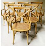 OKA DINING CHAIRS, a set of six oak bentwood with bentwood frame and backs and cane seats. (6)