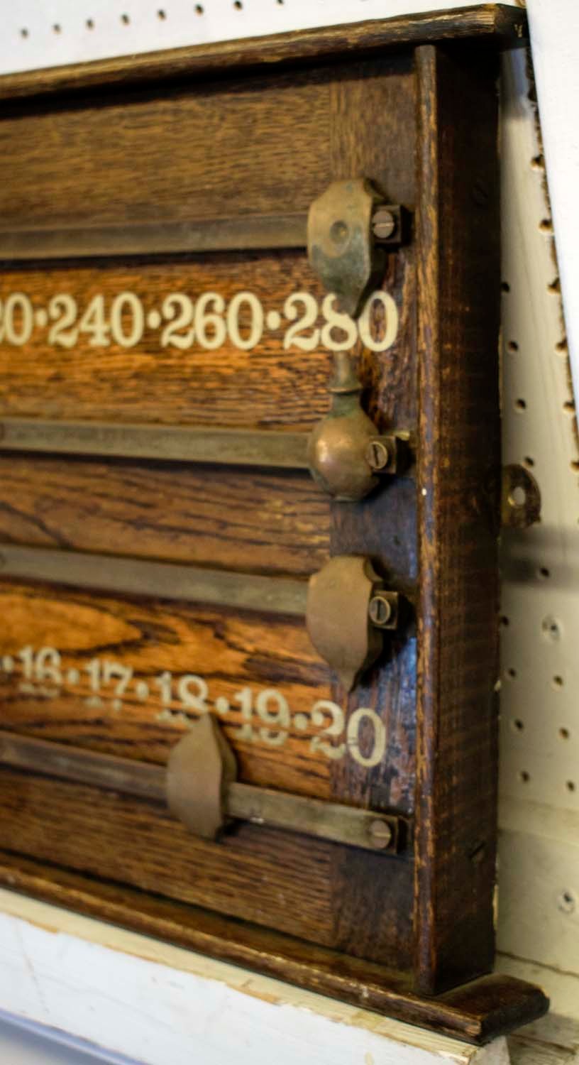 SNOOKER SCORE BOARD, oak and brass by Allied Billiards, 80cm W. - Image 4 of 4